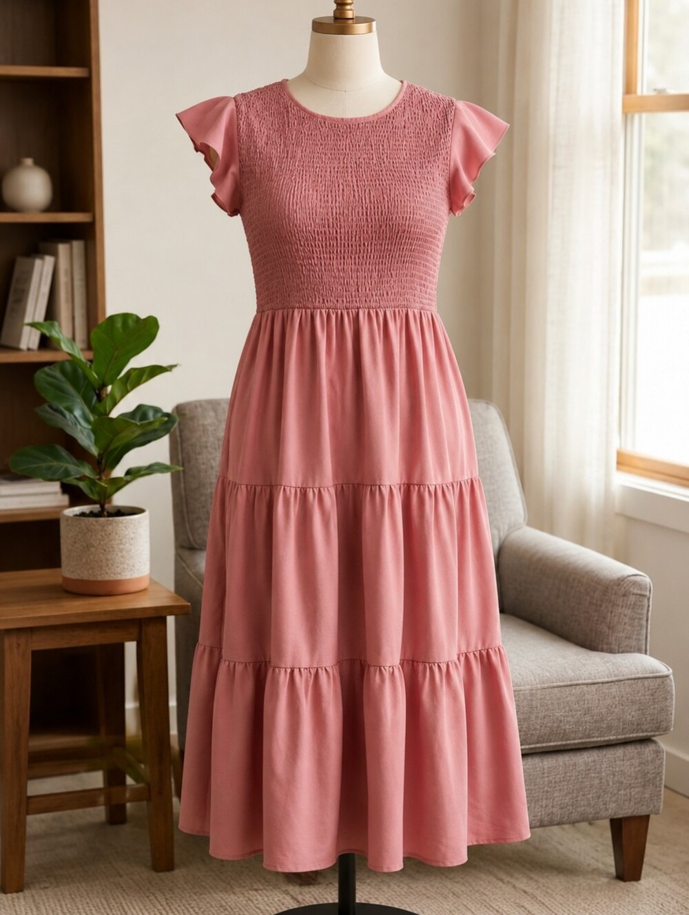 Smocked Bodice Tiered Maxi Dress in Dusty Rose